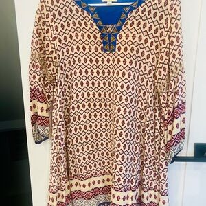 Umgee Cream Tunic Top with Red & Blue Geometric Print